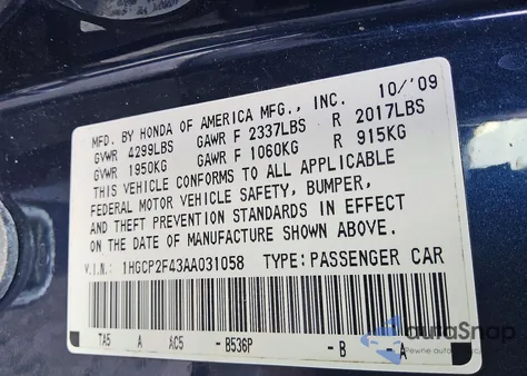 2010 Honda Accord Lxp from USA, damaged, VIN 1HGCP2F43AA031058
